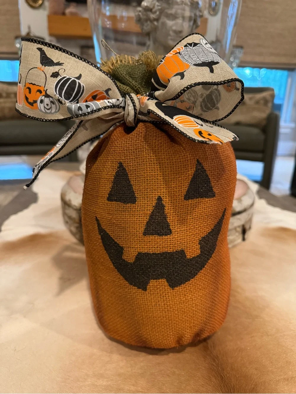 Hand Crafted Primitive Burlap Pumpkin Jack O Lantern Home Decor